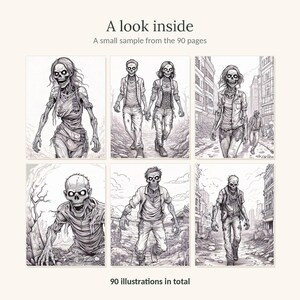 May include: A collection of six black and white line art illustrations featuring various zombie figures in urban and outdoor settings. The text reads A look inside, A small sample from the 90 pages, and 90 illustrations in total.