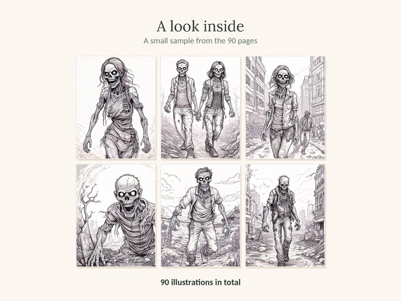 May include: A collection of six black and white line art illustrations featuring various zombie figures in urban and outdoor settings. The text reads A look inside, A small sample from the 90 pages, and 90 illustrations in total.