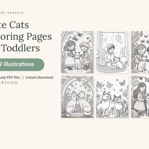 May include: A digital collection of 49 black and white coloring pages titled Calm Kids Sensory Cute Cats Coloring Pages for Toddlers. The set includes 3 print-ready PDF files in US Letter 8.5 x 11 inch format featuring children and cats.