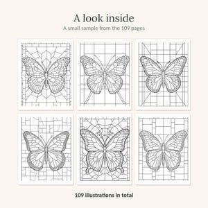 May include: A coloring book page sample featuring six distinct black and white butterfly illustrations with stained glass style grid backgrounds. The text reads A look inside, A small sample from the 109 pages, and 109 illustrations in total.
