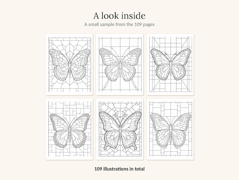 May include: A coloring book page sample featuring six distinct black and white butterfly illustrations with stained glass style grid backgrounds. The text reads A look inside, A small sample from the 109 pages, and 109 illustrations in total.