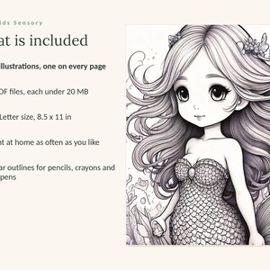 Puede incluir: Una p&aacute;gina de libro para colorear digital con una ilustraci&oacute;n en blanco y negro de una sirena con cabello largo y fluido y un corpi&ntilde;o con patr&oacute;n de escamas. El texto dice: Calm Kids Sensory, What is included, 49 illustrations, 3 PDF files, US Letter size 8.5 x 11 in.