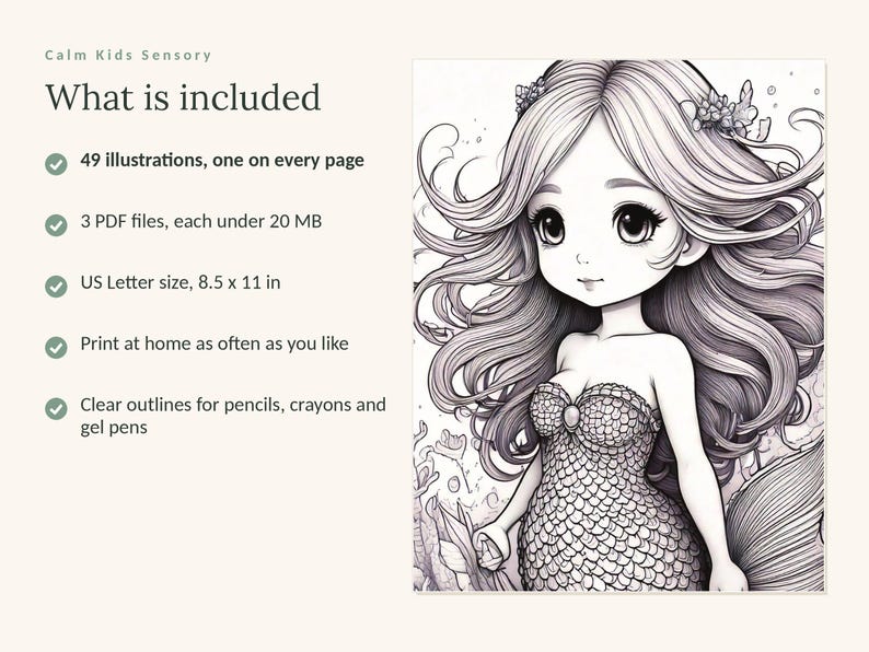 Puede incluir: Una p&aacute;gina de libro para colorear digital con una ilustraci&oacute;n en blanco y negro de una sirena con cabello largo y fluido y un corpi&ntilde;o con patr&oacute;n de escamas. El texto dice: Calm Kids Sensory, What is included, 49 illustrations, 3 PDF files, US Letter size 8.5 x 11 in.