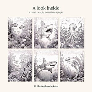 May include: A collection of six black and white line art illustrations featuring underwater scenes with sharks, an octopus, and various fish. The text at the top reads A look inside A small sample from the 49 pages and at the bottom 49 illustrations in total.