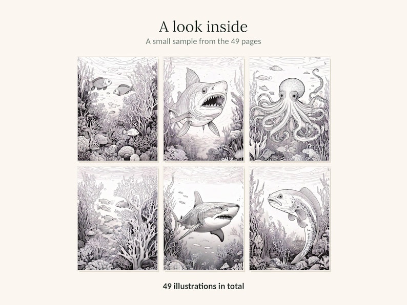 May include: A collection of six black and white line art illustrations featuring underwater scenes with sharks, an octopus, and various fish. The text at the top reads A look inside A small sample from the 49 pages and at the bottom 49 illustrations in total.