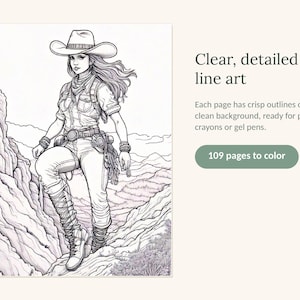 Puede incluir: Una p&aacute;gina de libro para colorear en blanco y negro con una ilustraci&oacute;n de l&iacute;neas de una persona con sombrero de vaquero, camisa, pantalones y botas sobre un terreno rocoso. El texto dice: Clear, detailed line art, 109 pages to color.