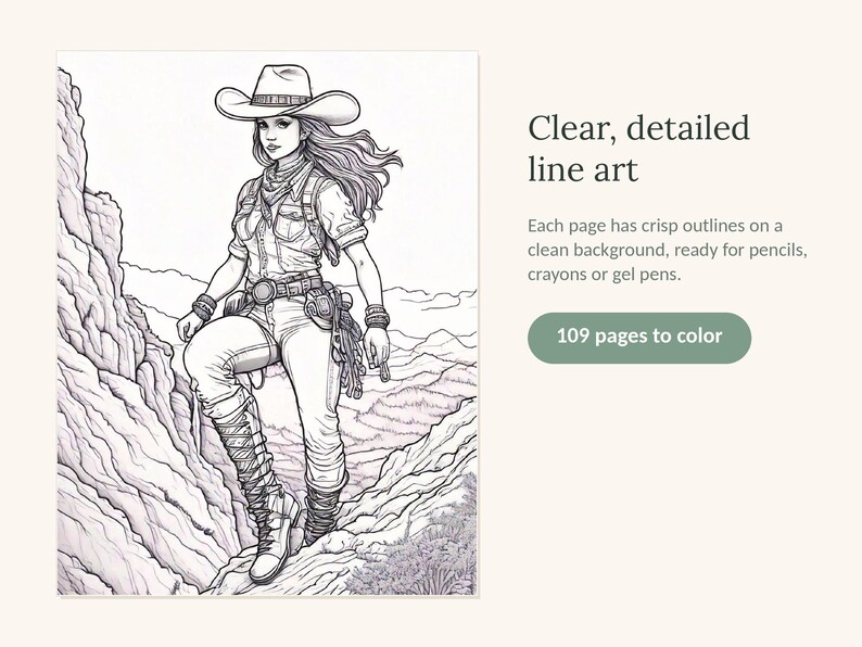 Puede incluir: Una p&aacute;gina de libro para colorear en blanco y negro con una ilustraci&oacute;n de l&iacute;neas de una persona con sombrero de vaquero, camisa, pantalones y botas sobre un terreno rocoso. El texto dice: Clear, detailed line art, 109 pages to color.