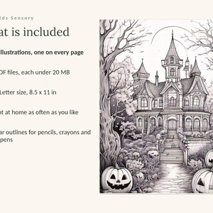 May include: A digital coloring book listing titled Calm Kids Sensory. It includes 49 illustrations, 3 PDF files under 20 MB, and US Letter size 8.5 x 11 in pages. The image features a black and white line art drawing of a haunted house with pumpkins.