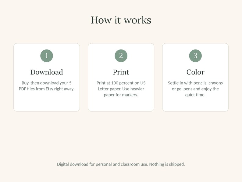 May include: An instructional graphic titled How it works with three numbered steps in sage green circles. Step 1: Download, buy and download 5 PDF files. Step 2: Print at 100 percent on US Letter paper. Step 3: Color with pencils, crayons, or gel pens.