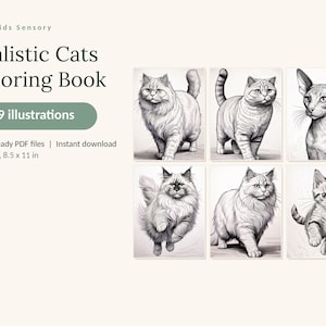 May include: A digital coloring book titled Realistic Cats Coloring Book with 89 illustrations. The cover displays six black and white cat drawings. It includes 5 print-ready PDF files in US Letter size, measuring 8.5 by 11 inches for each page.