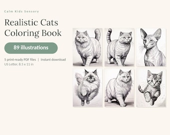 May include: A digital coloring book titled Realistic Cats Coloring Book with 89 illustrations. The cover displays six black and white cat drawings. It includes 5 print-ready PDF files in US Letter size, measuring 8.5 by 11 inches for each page.