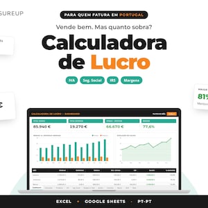 Op de afbeelding: Een digitaal winstcalculator-dashboard voor Portugal weergegeven op een laptopscherm. De interface bevat financiële gegevens, staafdiagrammen en lijngrafieken. De tekst bevat 'MEASUREUP', 'Calculadora de Lucro' en diverse belastingcijfers.