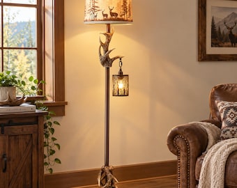 Rustic Antler Floor Lamp with Night Light, 65 Inch Deer Antler Standing Lamp, Farmhouse Lodge Lighting with LED Bulbs Included