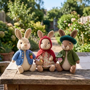 May include: Three crocheted rabbit dolls sitting in a row. The left rabbit wears a blue jacket and holds a carrot. The middle rabbit wears a red hooded cape over a floral dress and holds a small basket. The right rabbit wears a green jacket and hat.