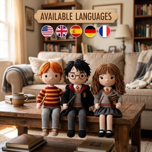 May include: Three crocheted dolls representing characters with yarn hair, wearing school uniforms and sweaters. The center doll has round glasses and a lightning bolt scar. They hold small wands and a book titled Hogwarts A History.