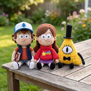 May include: Three handmade crochet dolls representing characters from Gravity Falls. One doll wears a blue and white cap, orange shirt, and blue vest. The second doll has brown hair, a red sweater with a shooting star, and a purple skirt. The third is a yellow triangle with a black top hat, one eye, and a black bow tie.