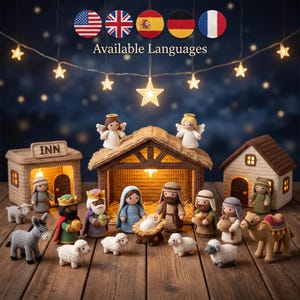 May include: A crochet nativity set featuring a stable, an inn, and a house, with figures of Mary, Joseph, baby Jesus in a manger, angels, wise men, shepherds, and animals including a donkey, camel, and sheep, all arranged on a wooden surface.