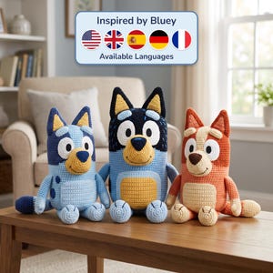 Bluey Amigurumi Virkmönsterpaket | Bingo, Bandit, Bluey (PDF-nedladdning)