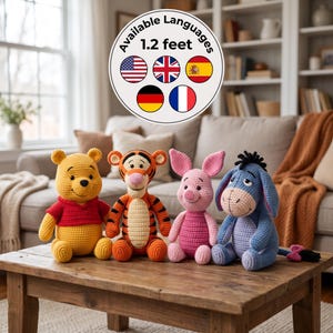 May include: Four crocheted stuffed animals including a yellow bear in a red shirt, an orange and black striped tiger, a pink piglet, and a blue donkey. A circular sign above them displays the text Available Languages, 1.2 feet, and five flags.