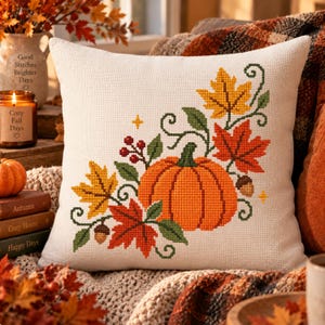 Può includere: Un cuscino quadrato con fodera in tessuto color crema caratterizzato da un disegno a punto croce con una zucca arancione centrale circondata da foglie d'acero rosse e gialle, viticci verdi, piccole bacche rosse e ghiande marroni con stelle.