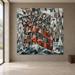 May include: A geometric art print featuring four musicians on a red double-decker bus in London. The scene includes the Big Ben clock tower, the London Eye, and sailboats on the water, all rendered in a fragmented, angular, multi-colored style.