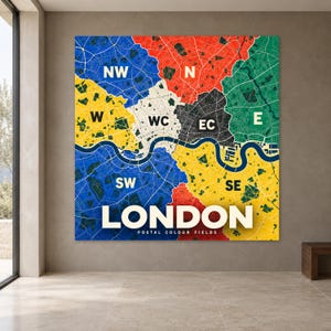 May include: A square wall art print featuring a stylized map of London divided into color-coded postal districts. The map displays the River Thames in dark blue, with labels NW, N, E, W, WC, EC, SW, and SE. The text LONDON POSTAL COLOUR FIELDS is printed in large white letters at the bottom.