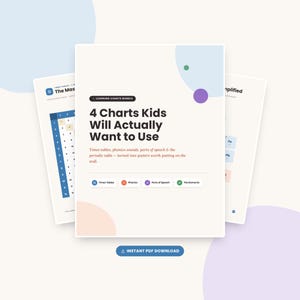 May include: A set of educational posters featuring the text 4 Charts Kids Will Actually Want to Use, including times tables, phonics sounds, parts of speech, and the periodic table. The design uses a light background with soft pastel shapes.