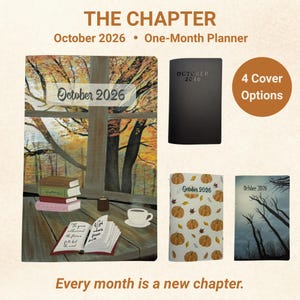 May include: A collection of four October 2026 one-month planners. One large planner features an autumn window scene with books and a cup. Three smaller cover options include a solid black cover, a pumpkin pattern, and a dark tree silhouette.