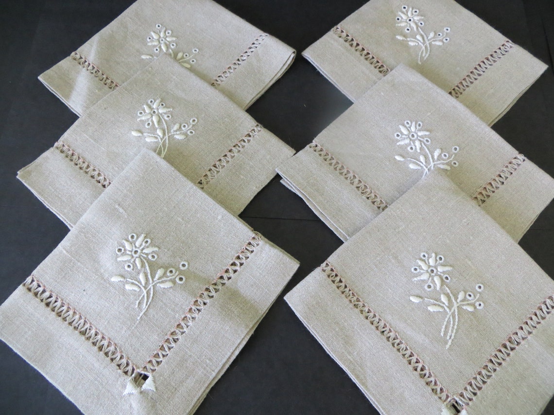 Linen Hand Embroidered Napkins With Pulled Thread Work 6 - Etsy