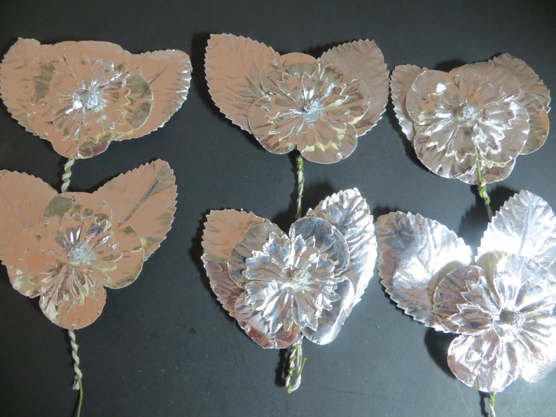 Silver Paper Foil CorsageBoutonniere Vintage Made in Japan Double Leaf with Flower 2 Flowers