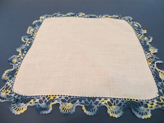 Vintage Variegated Blues/Yellow Crocheted Trimmed… - image 2