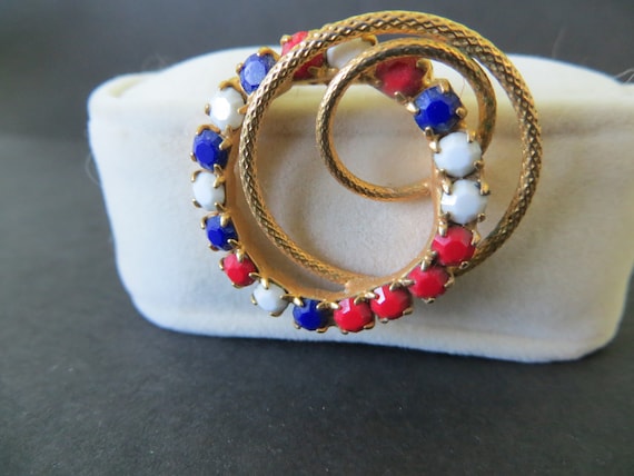 Circle Pin with Milk Glass Stones, Red, Blue Opaq… - image 1