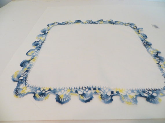 Vintage Variegated Blues/Yellow Crocheted Trimmed… - image 1