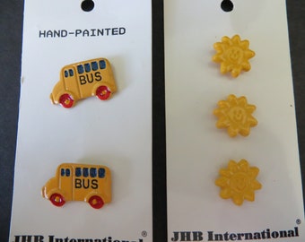 Metal Schoolbuses, Hand Painted Buttons, Made in Korea and Happy Face Sun, Made in Thailand for JHB International, Collector Buttons