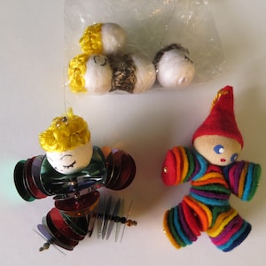2 Vintage Clown Ornaments (One with Wooden Head and One with Spun Cotton Head) and 4 Extra Spun Cotton Heads)