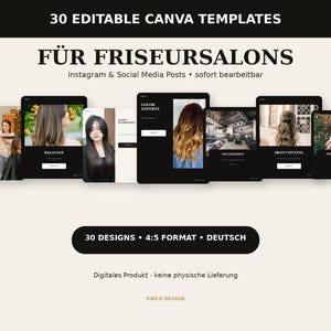 Könnte beinhalten: Ein Set aus 30 bearbeitbaren Canva-Vorlagen für Friseursalons mit Instagram- und Social-Media-Beiträgen. Die Grafiken zeigen verschiedene Haarstylings, ein schwarz-weißes Farbschema und den Text FÜR FRISEURSALONS.