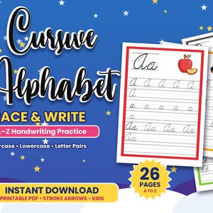 May include: A digital educational resource titled Cursive Alphabet Trace & Write A-Z Handwriting Practice. The blue background features white stars and displays printable pages with dashed letters, an apple, a bee, and a zebra illustration.
