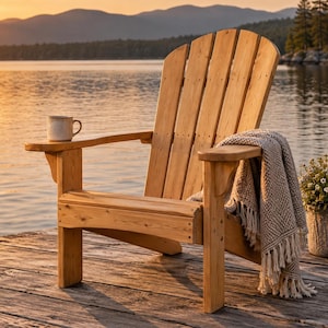 Op de afbeelding: Een Adirondack-stoel van natuurlijk hout met een hoge, lattenrugleuning en brede armleuningen. Een beige keramische mok staat op de linkerarmleuning en een getextureerde, crèmekleurige geweven plaid met franjes hangt over de rechterkant.