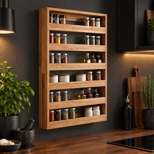 May include: A wall-mounted rectangular wooden spice rack with six horizontal shelves. The rack holds various glass spice jars with metal and cork lids, containing colourful spices, herbs, and oils, organised in rows against a dark wall background.