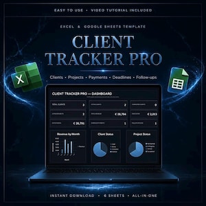 Può includere: Un modello digitale per Excel e Google Sheets intitolato CLIENT TRACKER PRO. L'interfaccia mostra una dashboard con metriche per il totale dei clienti, progetti attivi, entrate e grafici di stato. Icone di Excel e Google Sheets.