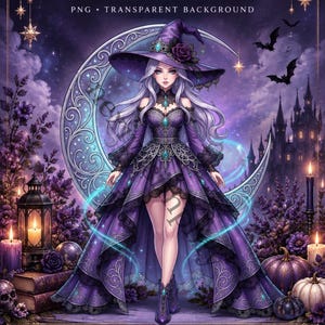 Può includere: Illustrazione digitale di una strega con lunghi capelli argentati, abito e cappello viola, davanti a una luna crescente. L'immagine include il testo HALLOWEEN WITCH CLIPART, PNG e 3000 x 3000 PX su uno sfondo viola scuro.