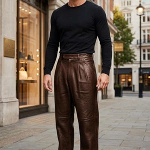 Puede incluir: Una camiseta de manga larga negra con cuello redondo combinada con pantalones de cuero marrón oscuro que presentan una cintura plisada, cierre de botón y costuras horizontales en las rodillas, terminados con zapatos de cuero negro.