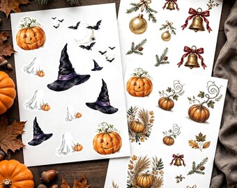 Holiday Sticker Bundle, Halloween Thanksgiving Christmas Watercolor Set