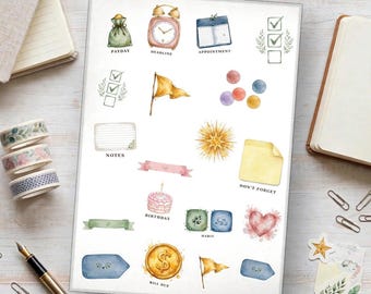 Planner Essentials Stickers, Functional Watercolor Sticker Sheet