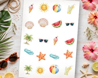 Summer Sticker Sheet, Watercolor Beach Vacation Stickers for Planner
