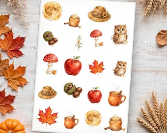 Fall Sticker Sheet, Watercolor Autumn Stickers for Planner and Journal