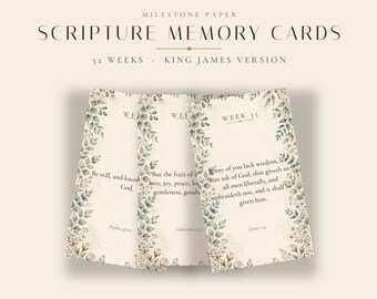 Scripture Memory Cards Printable, 52 Bible Verses, Instant Download