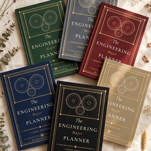 May include: Six hardcover books titled The Engineering Major Planner in green, dark gray, red, blue, black, and beige. Each cover features a gold gear illustration, a grid pattern, and the text Linen Edition and Milestonepaper.