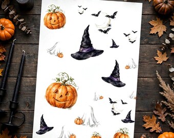 Halloween Sticker Sheet, Watercolor Spooky Stickers for Planner