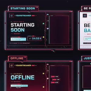 Neon Pixel Twitch Overlay Package | Animated Retro Alerts, Starting Soon Screens, Stinger, Panels | Glitch Stream Pack for VTubers